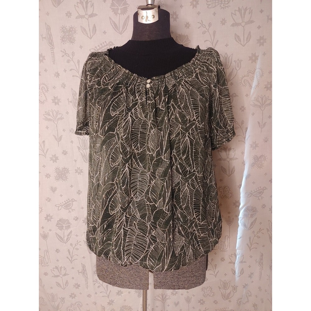 Jessica Simpson Leaf Graphic Print Shire Blouse Top Dark Green Sz L Sz 16‎